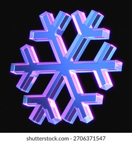 3d rendering of glowing snowflake in the dark. 3d icon with neon retro light. 3d illustration with glass gradient material	