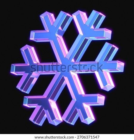 3d rendering of glowing snowflake in the dark. 3d icon with neon retro light. 3d illustration with glass gradient material	