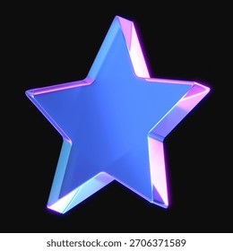 3d rendering of glowing star in the dark. 3d icon with neon retro light. 3d illustration with glass gradient material	