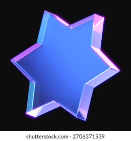 3d rendering of glowing star shape in the dark. 3d icon with neon retro light. 3d illustration with glass gradient material	