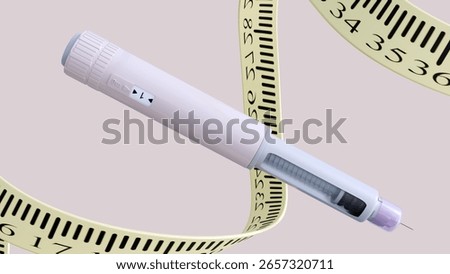 3D rendering of a GLP-1 agonist injector pen, a weight loss medication, with a medical measuring tape or ruler spiraling dynamically around its form.