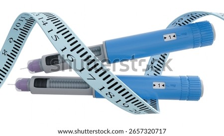 3D rendering of a GLP-1 agonist injector pen, a weight loss medication, with a medical measuring tape or ruler spiraling dynamically around its form.