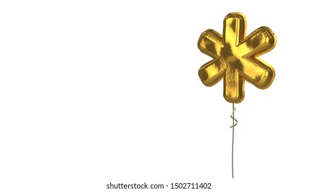 3d Rendering Of Gold Balloon Shaped As Symbol Of Asterisk Isolated On White Background With Ribbon