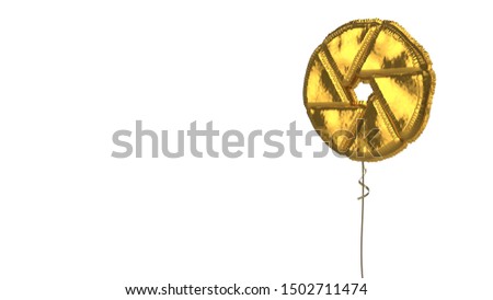 3d rendering of gold balloon shaped as symbol of camera aperture isolated on white background with ribbon
