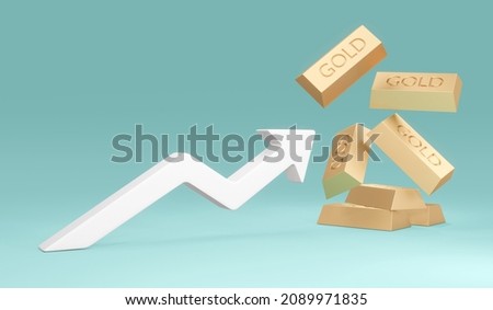 3D Rendering gold bars with arrow pointing up on background concept of gold price financial investment. 3D Render illustration.