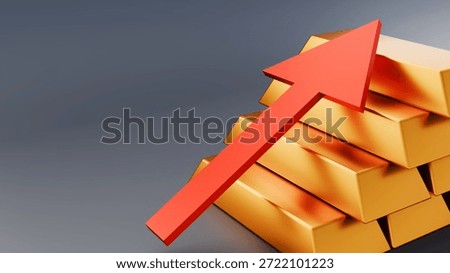 A 3d rendering of gold bars and arrows. A classic metaphor for wealth accumulation, financial success, and the rising market price of precious metals.