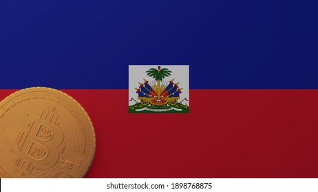 3D Rendering of Gold Bitcoin in the Bottom Left Corner on the Flag of Haiti