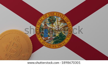 3D Rendering of Gold Bitcoin in the Bottom Left Corner on the State Flag of Florida