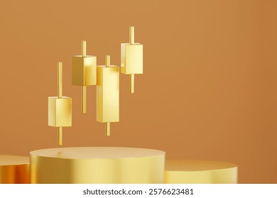 3D rendering of gold candlestick chart patterns for finance and investment presentations. The gold finish adds value, and the minimalist design ensures clarity.