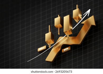 3D rendering gold candlestick chart with buy and sell signals representing bullish market trend, trading success, financial growth, and investment opportunity.