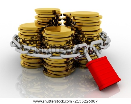 3d rendering Gold coins with lock