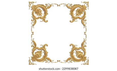 3d rendering of gold corner frame classic ornament, very beautiful luxury classic decoration for graphic design purposes, wedding decoration, opera house or palace ornament 