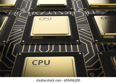 3d rendering gold cpu chips on black circuit board