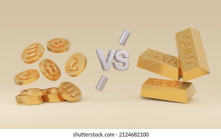 3d Rendering gold and cryptocurrency coins concept of money assets price exchange comparison gold and digital currency. 3D Render illustration.