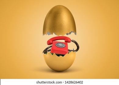 3d Rendering Of Gold Egg Cracked In Two, Upper Half Levitating In Air, Red Retro Telephone On Green Grass Inside Lower Half. Communication. Unconventional Approach. Authority And Power.