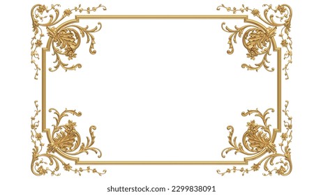 3d rendering of gold frame with classic ornament, very beautiful luxury classic decoration for graphic design purposes, wedding decoration, opera house or palace ornament 