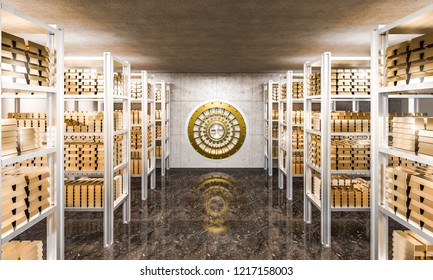 3d rendering of gold ingot in bank vault view from inside