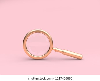 3d rendering gold magnifying glass minimal pink background