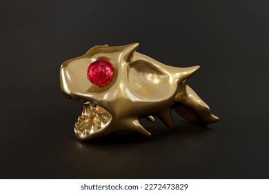 3D rendering of the gold monster fish statue with red diamond eyes on the background.