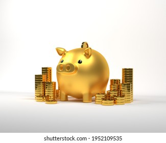 3d Rendering Gold Piggy Bank With Gold Coin