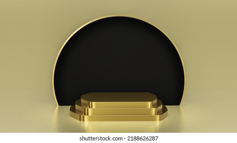 3D Rendering. Gold Product Background Stand Display Or Podium Pedestal On Advertising Display With Black Half Circle Gold Border Backdrops. Golden Background.