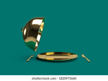 3d Rendering Of Gold Restaurant Cloche With Open Lid On Blue Background