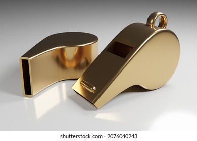 3d rendering: Gold safety sports whistles in white background