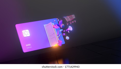 3d rendering of gold shopping cart with credit card.