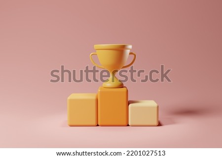 3d rendering gold trophy on the sports winner podium. Celebration cup, successful, leader concept