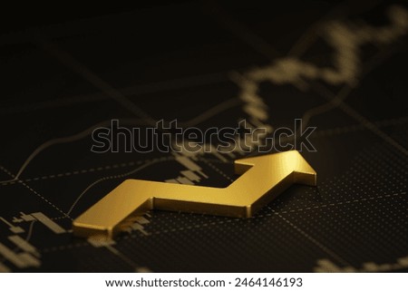 3D rendering golden arrow pointing up and chart  on black background, intricately integrated into the scene, signifies financial abundance and successful investments.