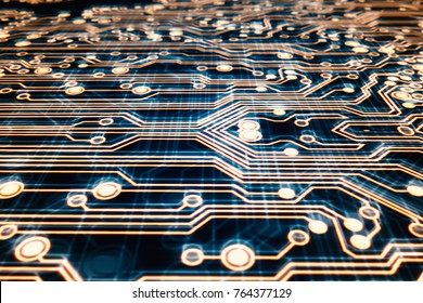 3d Rendering. Golden Circuit Board Futuristic Server Code Processing. Orange, Blue Technology Background With Bokeh.