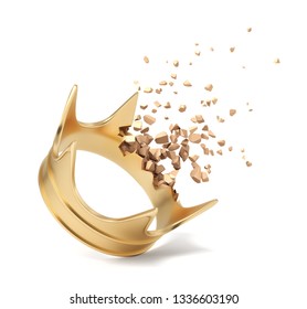 3d Rendering Of Golden Crown Starting To Dissolve In Particles On White Background. Lose Power. Destroy Reputation. Lower Self-esteem.