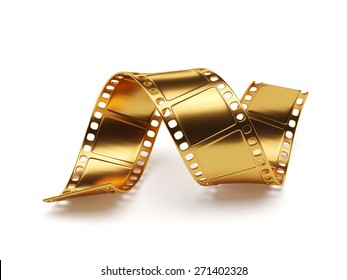 3d rendering of golden film strip isolated on white background. Entertainment concept
