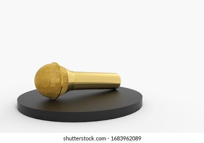 3d rendering. A Golden microphone on black podium with copy gray space background.