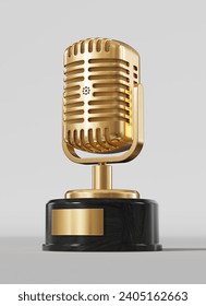 3d rendering, golden microphone, Trophy isolated, low angle, white background