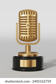 3d rendering, golden microphone, Trophy isolated, front view, white background