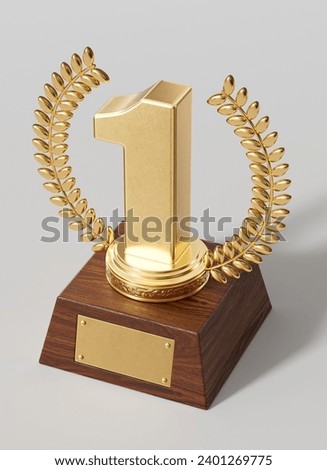 3d rendering, golden number one and laurel, wood texture, Trophy isolated, high angle, white background