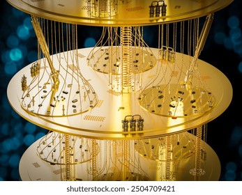 3d rendering golden quantum computer machine close up