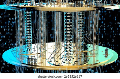 3d rendering golden quantum computer machine close up
