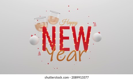 3D Rendering, Golden And Red Font Of Happy New Year With Light Balls, Realistic Baubles, Wine Glasses, Swirl Tree Decorated On Gray Background.