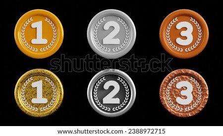 3D rendering of golden, silver and bronze award medals set on dark background, winner prize, competition champion award, Sports and recreation concept