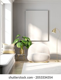 3d Rendering Golden Sofa And Lamp In White Room With Photo Frame