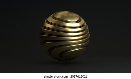 3d rendering of a golden sphere in a dark space. A sphere with a wavy surface and convolutions, with reflections. Abstract composition.