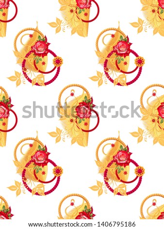 3d rendering. Golden wicker stylish circles, jewelry on a chain, pendants. Flower arrangement of red roses, seamless floral pattern.