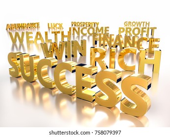 3D rendering of Golden words associated with abundance and prosperity over white background