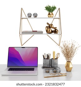 3d rendering of golden workplace _ office set, desk, chair, accessories, decorative elements, laptop, shelf, stand