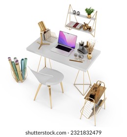 3d rendering of golden workplace _ office set, desk, chair, accessories, decorative elements, laptop, shelf, stand