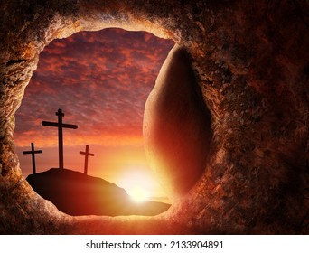 3D rendering of Good Friday Easter concept of Jesus resurrection from the empty tomb in a burial cave with rock rolled open showing crucifixion crosses at sunrise.