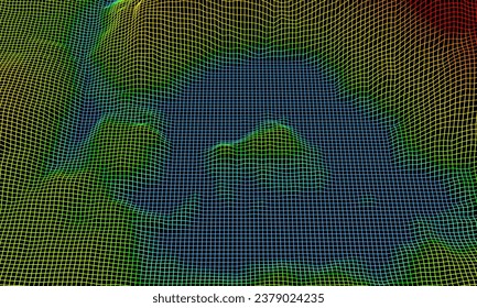 3D rendering gradient neon grid terrain.