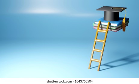 3D Rendering of Graduation Cap, Books and staircase on blue background. Realistic 3d shapes. Education concept. Efforts to complete the study. - Powered by Shutterstock